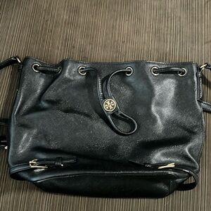 Black Tory Burch leather bucket bag with gold details